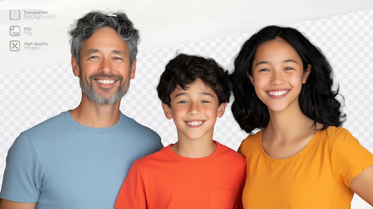 PSD familia sonriente de tres grupos diversos con expresiones alegres aisladas en un fondo transparente