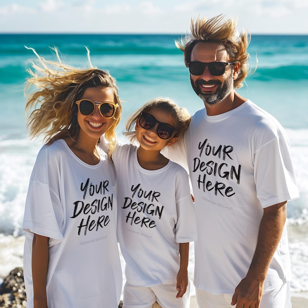 PSD familia en vacaciones de verano con camisetas blancas a juego en la playa