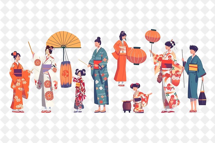 PSD familias que asisten a un festival mundial de ilustración de la danza tradicional japonesa bon odori de flat