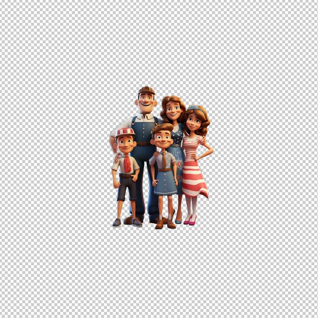 PSD famille américaine amicale en 3d, arrière-plan transparent de style dessin animé