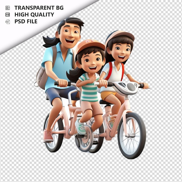 Famille Asiatique à Vélo 3d Style Dessin Animé Iso De Fond Blanc