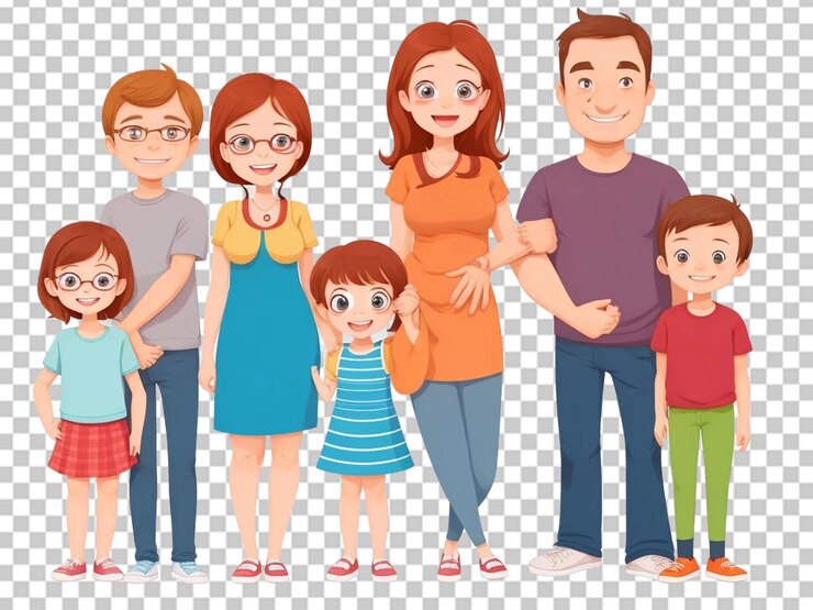 PSD une famille de dessins animés heureuse avec un père, une mère, une fille et un fils un personnage de dessin animé sur un fond transparent