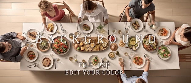 PSD une famille dînant avec les plats de la famille sur la table vue d'en haut