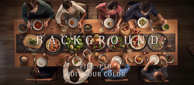 PSD une famille dînant avec les plats de la famille sur la table vue d'en haut