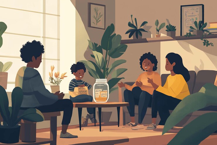 PSD une famille diversifiée passe du temps ensemble dans un salon confortable, partageant un pot de souvenirs.