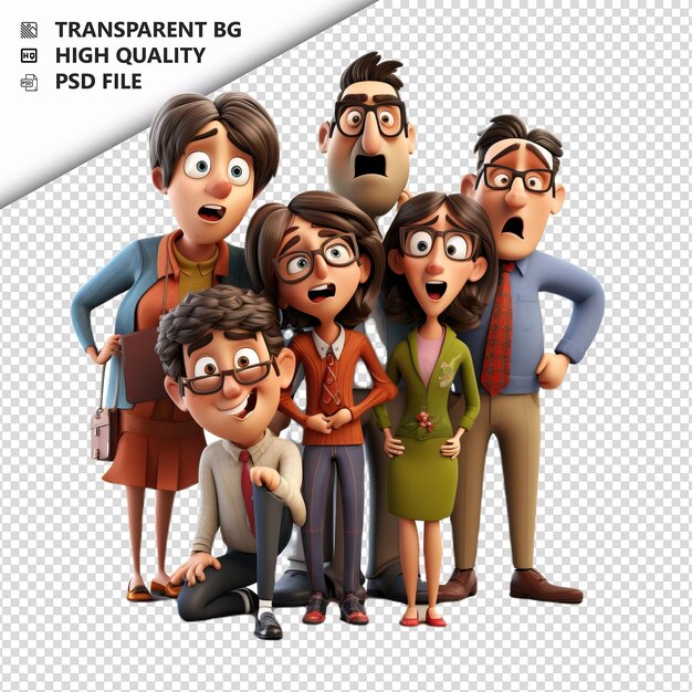 PSD famille européenne insensible 3d de style dessin animé à fond blanc