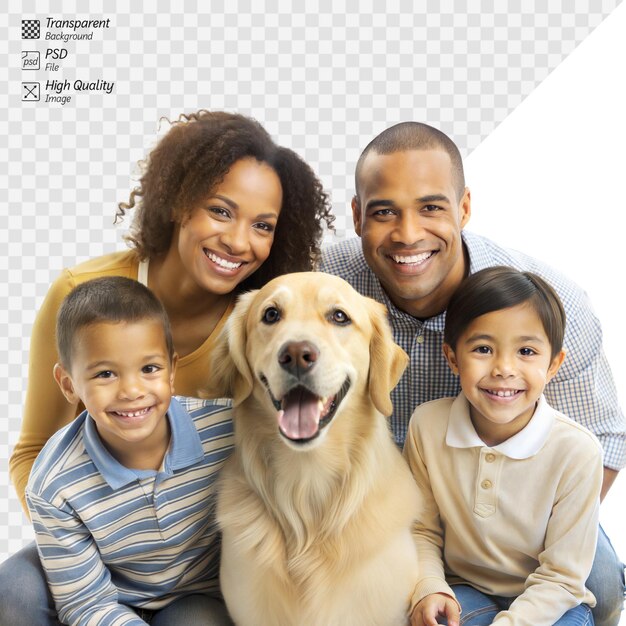 Une famille heureuse avec leur golden retriever souriant à la caméra.