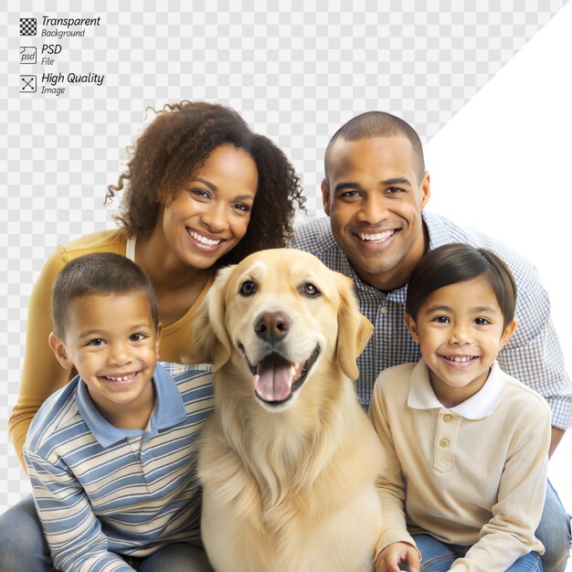 PSD une famille heureuse avec leur golden retriever souriant à la caméra.