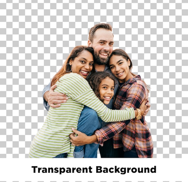 Une famille heureuse s'embrassant sur un fond transparent.