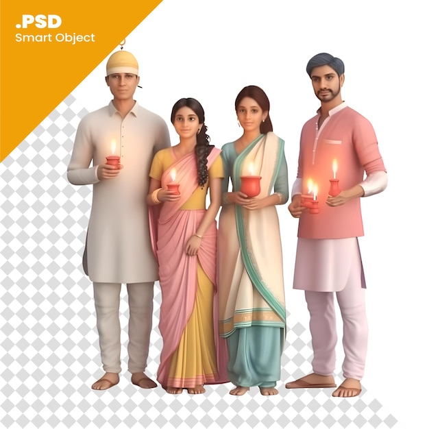 PSD famille indienne avec une bougie sur fond blanc modèle psd d'illustration 3d