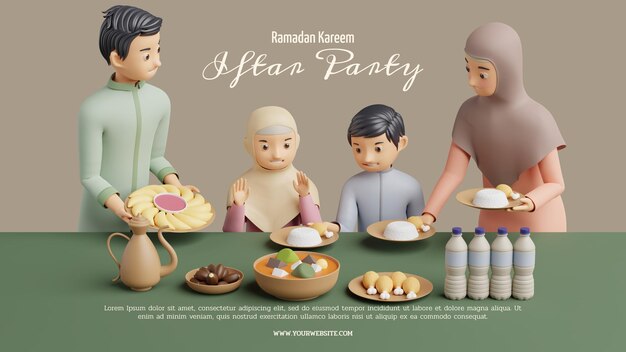 Famille Musulmane Fête Iftar Ramadan Kareem Illustration 3d