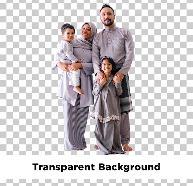 Une famille musulmane heureuse en tenue traditionnelle d'Eid avec un fond transparent