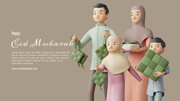 PSD famille musulmane, heureux, eid, mubarak, 3d, illustration