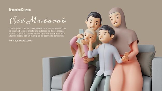 PSD famille musulmane prenant groupe selfie photo joyeux aïd moubarak illustration 3d