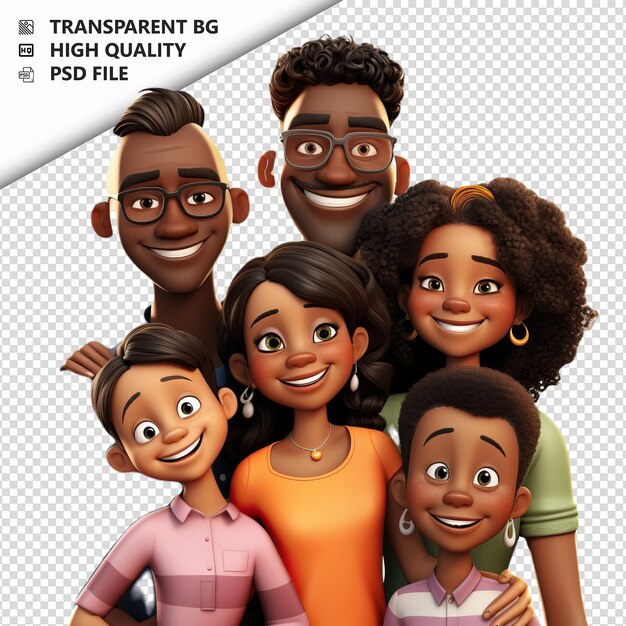 PSD la famille noire authentique 3d de style dessin animé à fond blanc est