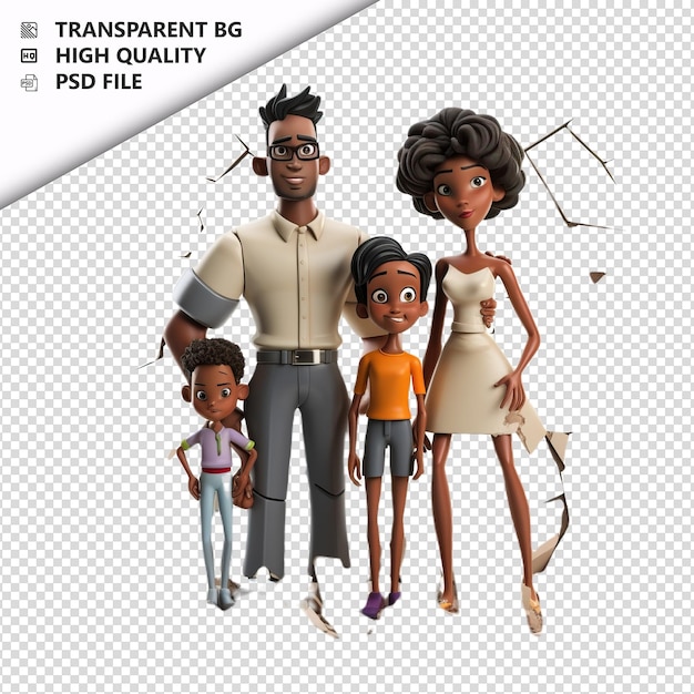 PSD famille noire destructive en 3d sur fond blanc dans le style de dessin animé