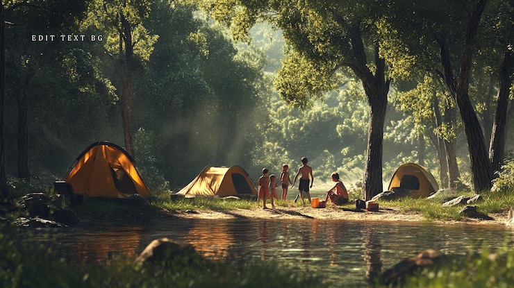 PSD family camping by a river in a lush forest