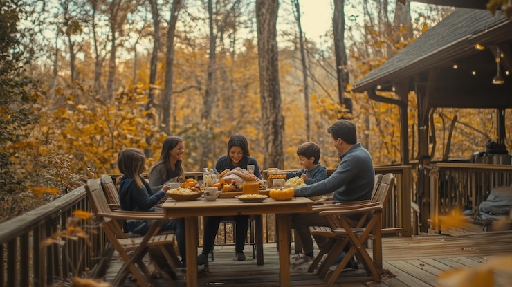 PSD family thanksgiving dinner on a deck overlooking autumn woods