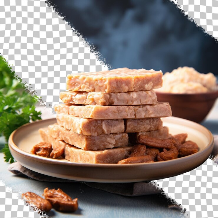 PSD famosa comida indonesia hecha de soja, rodajas de tempeh frescas y crudas, fondo transparente
