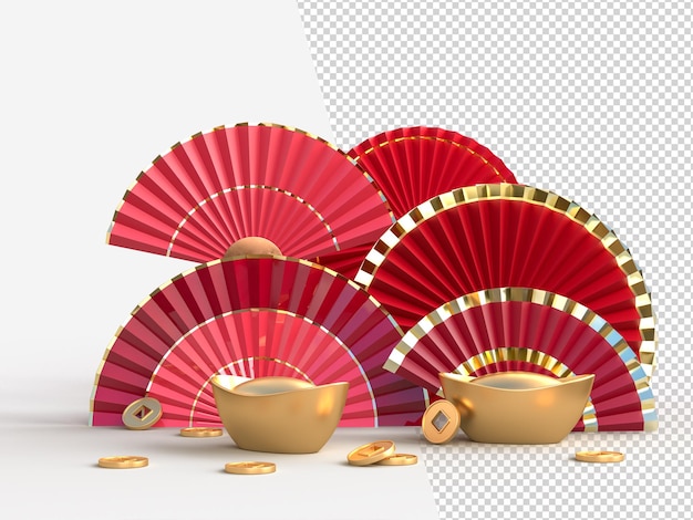 Fan De Papier Nouvel An Chinois Avec Décoration De Pièce D'or Concept De Style Asiatique Oriental De Joyeux Nouvel An Chinois Festiva Rendu 3d