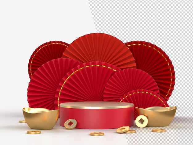 PSD fan de papier nouvel an chinois avec podium et décoration de pièces d'or concept de style oriental asiatique de joyeux nouvel an chinois festiva rendu 3d
