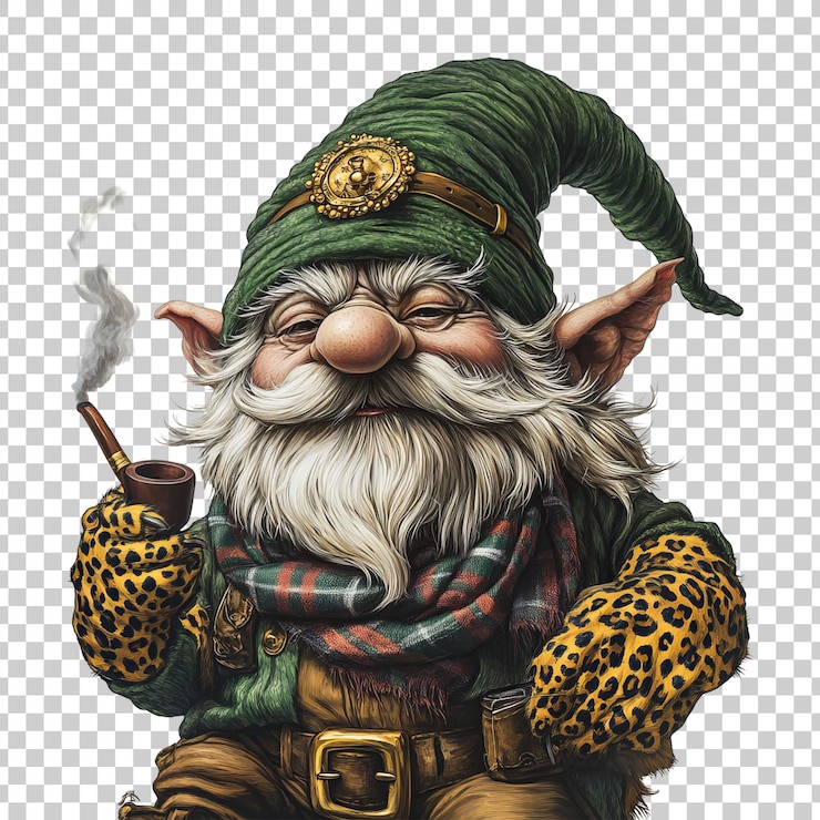 PSD fantasie-wald-gnome in einem gemütlichen outfit mit einem gekrümmten hut auf durchsichtigem hintergrund