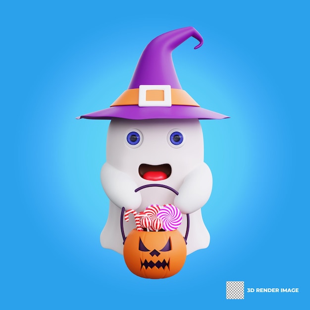 Fantasma 3D segurando uma cesta de abóbora cheia de pirulito Halloween