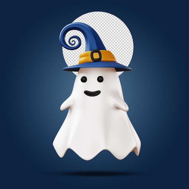 Fantasma de halloween usando um chapéu de bruxa renderização em 3d