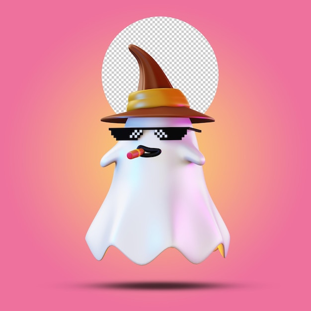 Fantasma de halloween con un sombrero de bruja renderizado 3d