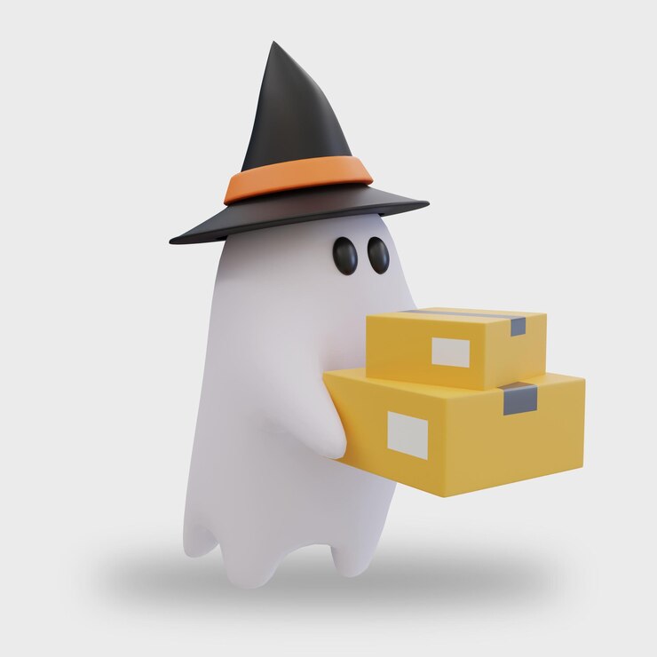 Fantasma de Halloween sosteniendo cajas paquete ilustración 3d