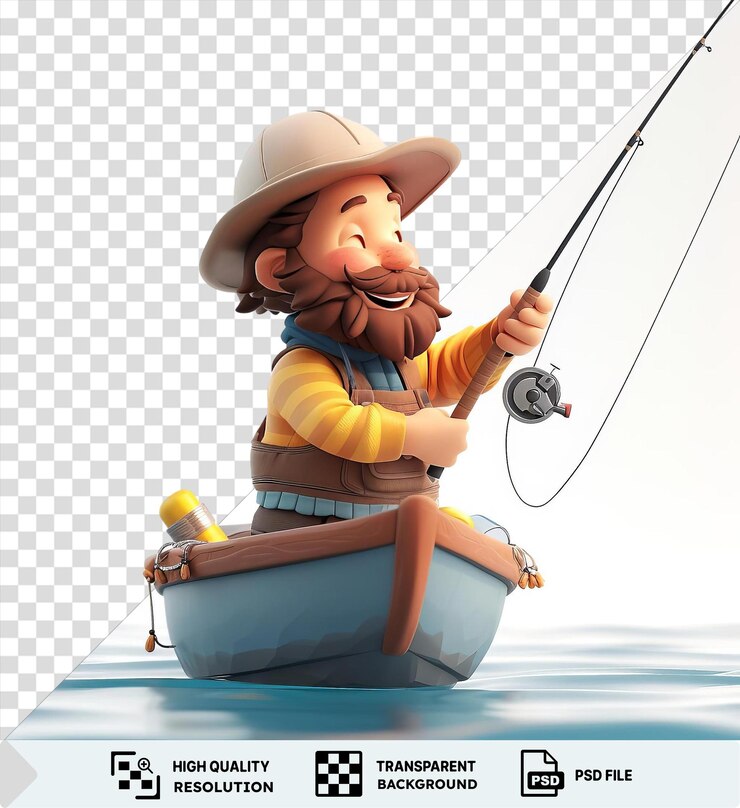 PSD fantastico cartone animato di un pescatore 3d che lancia una linea in un lago tranquillo indossando un cappello bianco e tenendo una maniglia nera con un cielo blu e bianco sullo sfondo