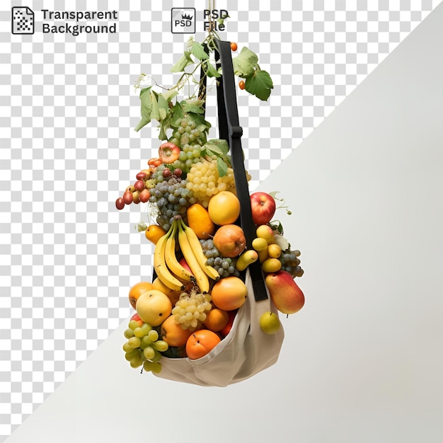 PSD fantastische früchte in einem korb, der von der decke hängt, darunter grüne trauben, gelbe bananen und orangen mit einem schwarzen griff im vordergrund