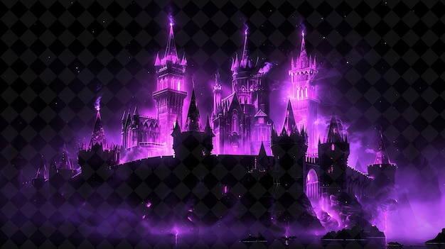 PSD fantasy castle arcane frame com torres majestosas e battlem neon color frame colecção de arte y2k