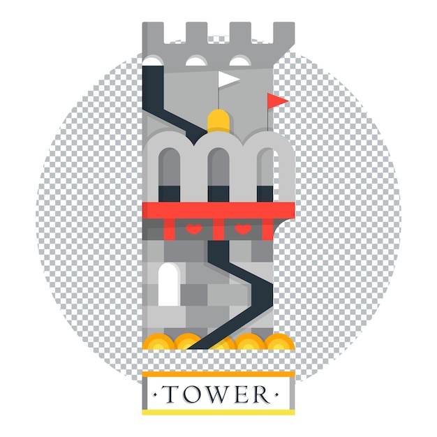 Fantasy mittelalterlicher Turm mit Fahnen und Herzen Legendäre Drachenfestung mit einer Brücke