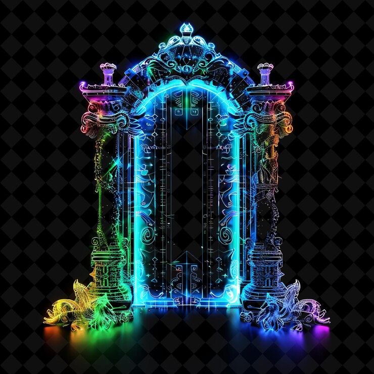 PSD fantasy realm gate com criaturas míticas e artefactos mágicos png y2k shape neon color collection