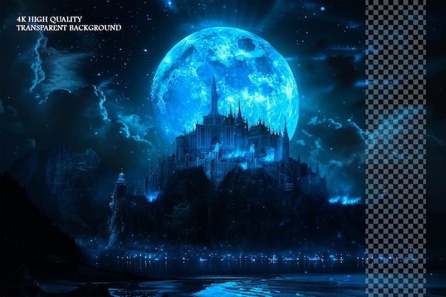 PSD fantasy-schloss unter dem mond fantasy-stil blaues licht auf transparentem hintergrund