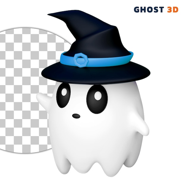 PSD fantôme blanc avec un chapeau noir d'halloween sur un fond transparent