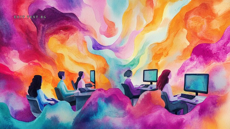 PSD farbenfrohe abstrakte aquarellmalerei von menschen, die an computern arbeiten, die kreativität und zusammenarbeit symbolisiert