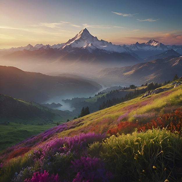 PSD farbenfrohe berglandschaft am morgen