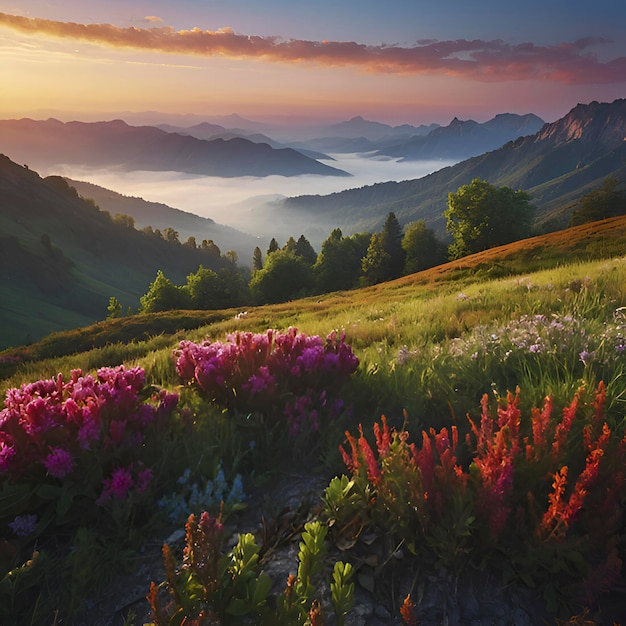 PSD farbenfrohe berglandschaft am morgen