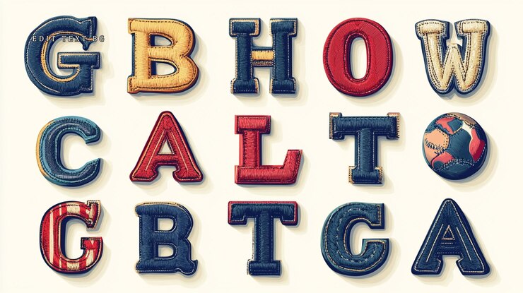 PSD farbenfrohe, gestickte alphabetbuchstaben und ein globus
