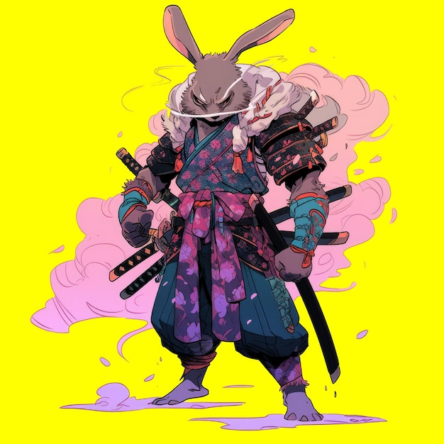 PSD farbenfrohe kriegerfigur illustrationsdesign samurai kaninchen auf durchsichtigem hintergrund