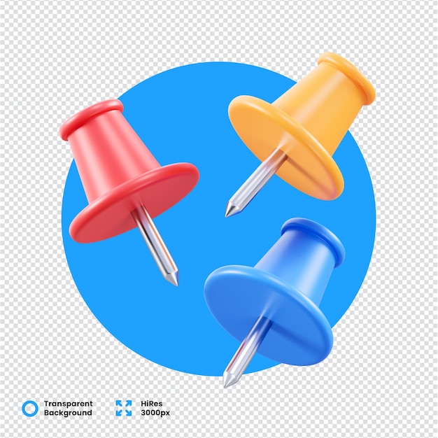 Farbige 3D-Pins in rot, blau und gelb auf durchsichtigem Hintergrund
