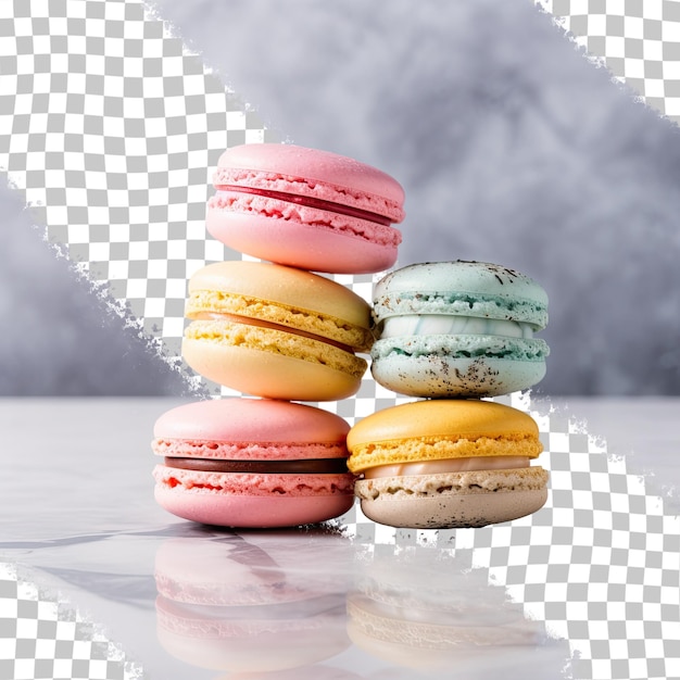 Farbige französische macarons stehen auf einem marmortisch und schmecken wunderbar