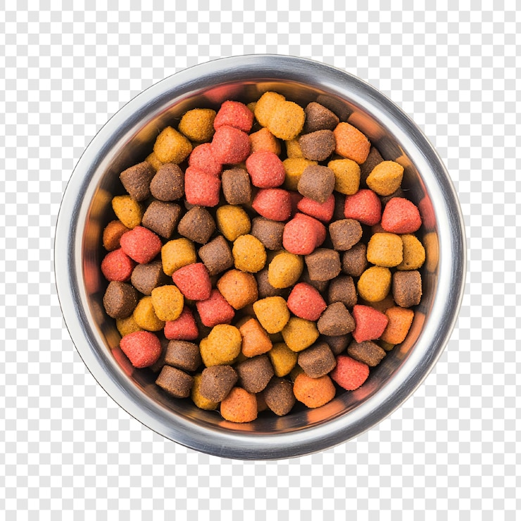 PSD farbige haustierfutter-kibble in einer schüssel, hochwinkel-close-up-aufnahme