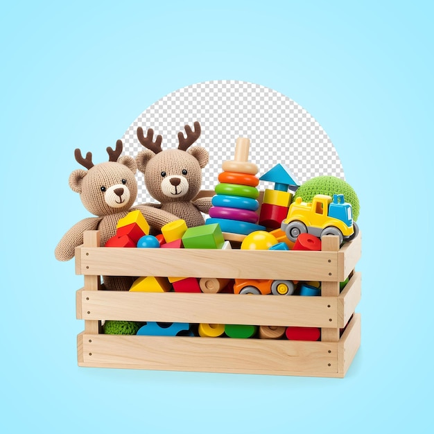 Farbige Holzspielzeuge und Teddybären in einer Kiste