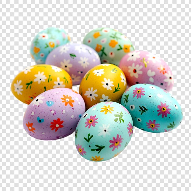 Farbige Ostereier, die mit Blumen geschmückt sind, eine Frühlingsfeier