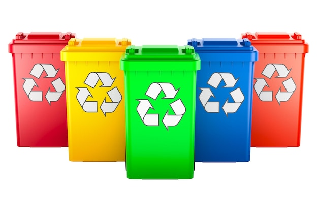 Farbige Recycling-Abfallcontainer 3D-Rendering isoliert auf durchsichtigem Hintergrund