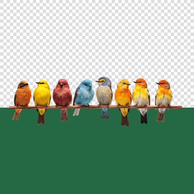 Farbige Vögel sitzen auf Draht, isoliert auf durchsichtigem Hintergrund