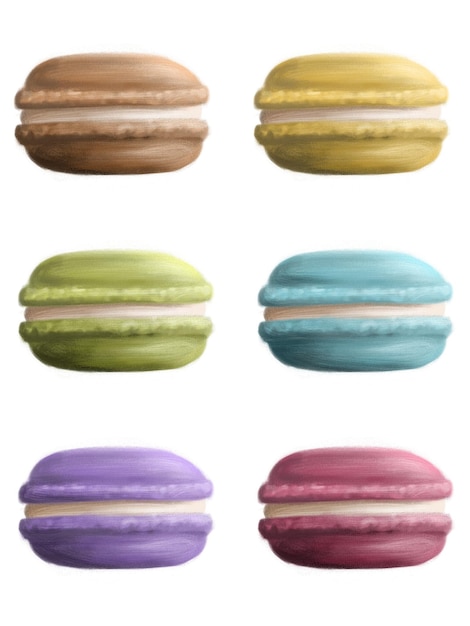 Farbige, von der Hand gezeichnete Macaroons mit realistischen, detaillierten Illustrationen Restaurant und Bäckerei Café